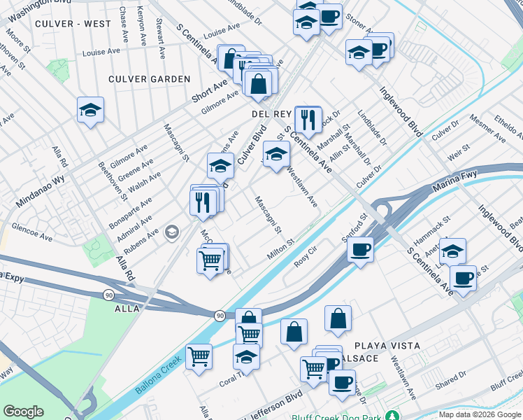 map of restaurants, bars, coffee shops, grocery stores, and more near 12525 Allin St in Los Angeles