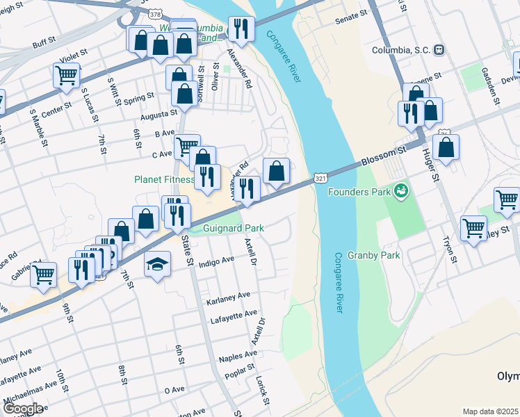 map of restaurants, bars, coffee shops, grocery stores, and more near 111 Knox Abbott Drive in Cayce