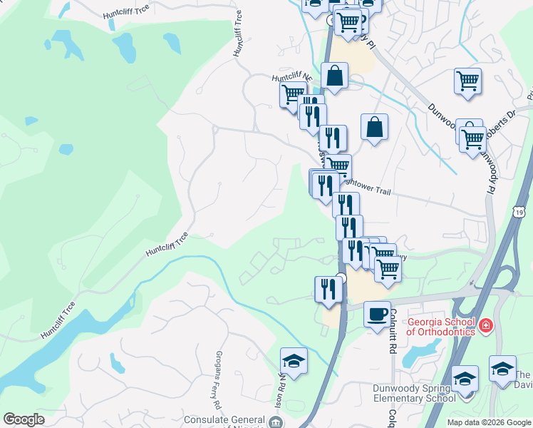 map of restaurants, bars, coffee shops, grocery stores, and more near 8425 Valemont Drive in Atlanta