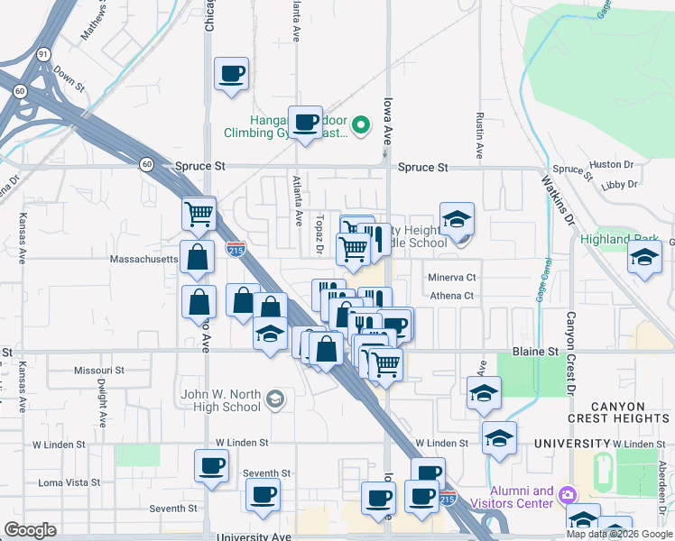 map of restaurants, bars, coffee shops, grocery stores, and more near 31 Round Table Drive in Riverside
