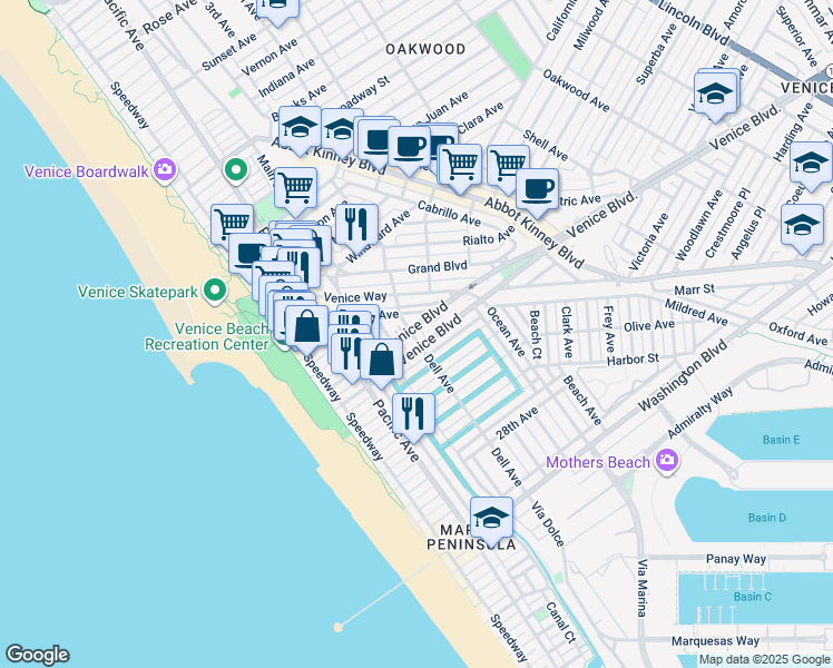 map of restaurants, bars, coffee shops, grocery stores, and more near 216 North Venice Boulevard in Los Angeles