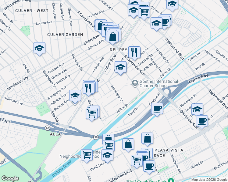map of restaurants, bars, coffee shops, grocery stores, and more near 12525 Allin Street in Los Angeles
