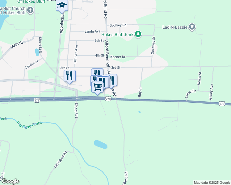 map of restaurants, bars, coffee shops, grocery stores, and more near 3739 Alford Bend Road in Hokes Bluff