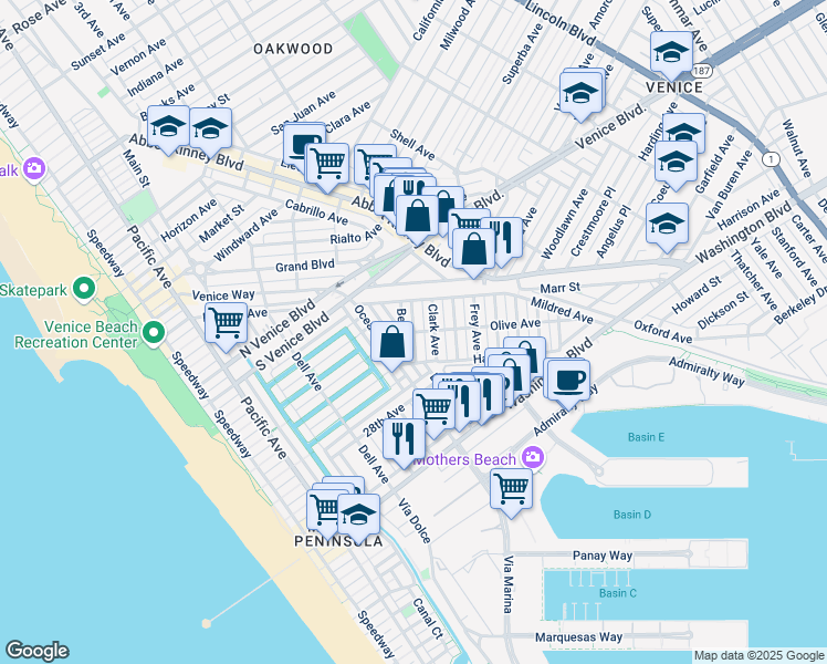 map of restaurants, bars, coffee shops, grocery stores, and more near Olive Avenue & McKinley Avenue in Los Angeles