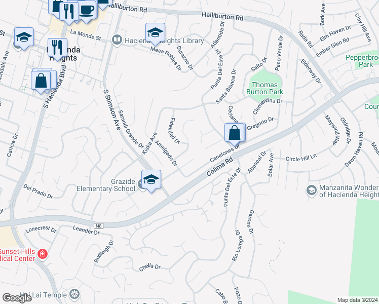 map of restaurants, bars, coffee shops, grocery stores, and more near 2612 Fontezuela Drive in Hacienda Heights
