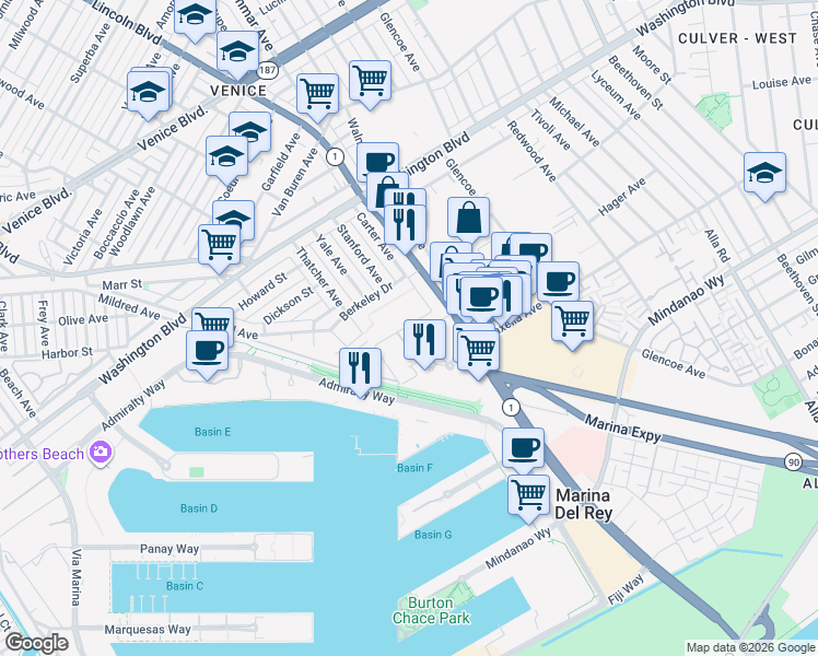 map of restaurants, bars, coffee shops, grocery stores, and more near 1042 Princeton Drive in Marina del Rey