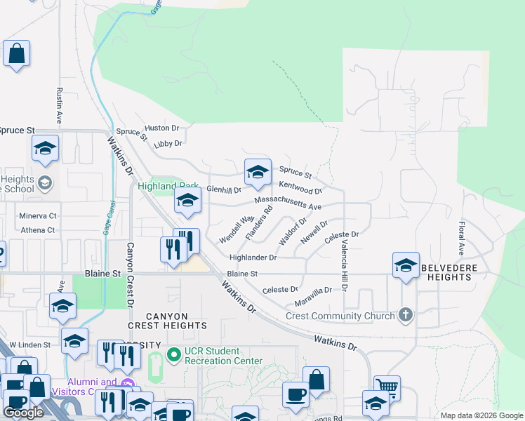 map of restaurants, bars, coffee shops, grocery stores, and more near 485 Alta Mesa Drive in Riverside