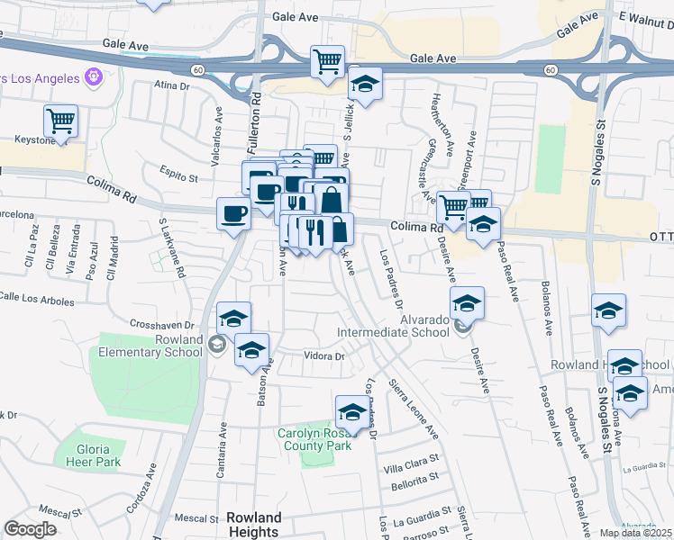 map of restaurants, bars, coffee shops, grocery stores, and more near 1788 Sierra Leone Avenue in Rowland Heights