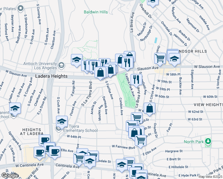 map of restaurants, bars, coffee shops, grocery stores, and more near 6009 South Fairfax Avenue in Los Angeles
