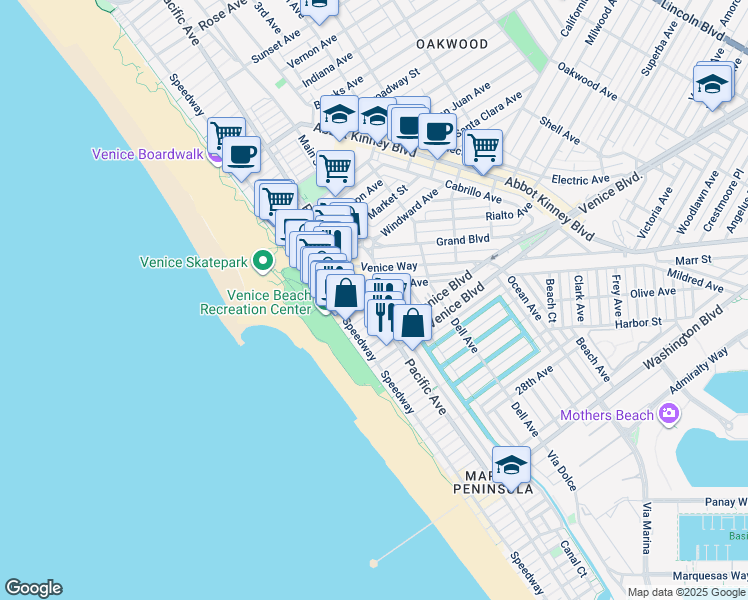 map of restaurants, bars, coffee shops, grocery stores, and more near 1900 Pacific Avenue in Los Angeles