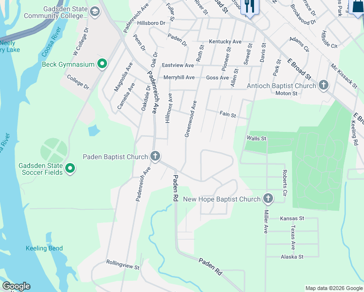 map of restaurants, bars, coffee shops, grocery stores, and more near 617 Greenwood Avenue in Gadsden