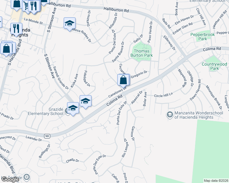 map of restaurants, bars, coffee shops, grocery stores, and more near 16353 Canelones Drive in Hacienda Heights