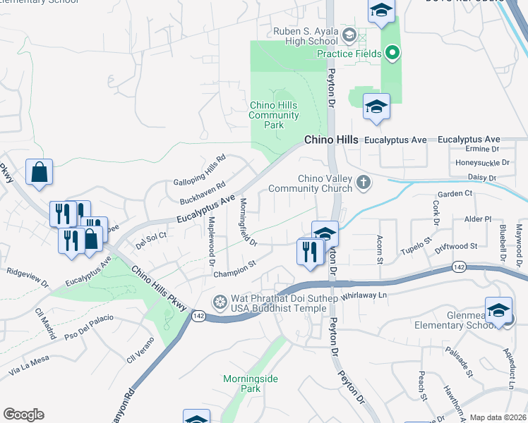 map of restaurants, bars, coffee shops, grocery stores, and more near 14747 Hiddenspring Circle in Chino Hills