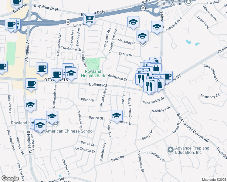 map of restaurants, bars, coffee shops, grocery stores, and more near 1802 Hollandale Avenue in Rowland Heights