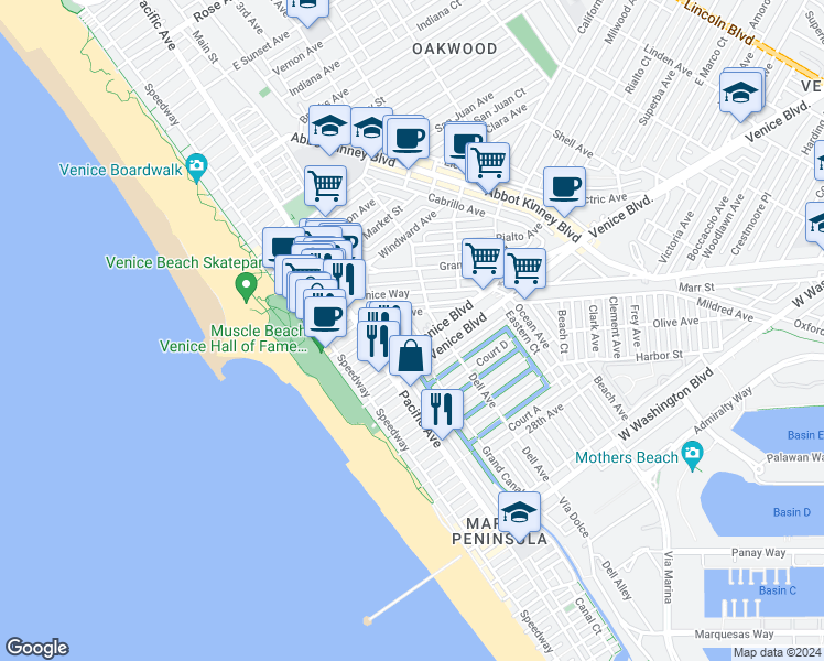 map of restaurants, bars, coffee shops, grocery stores, and more near 216 North Venice Boulevard in Los Angeles