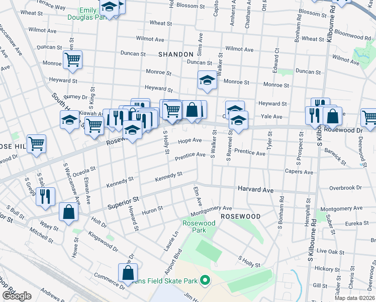 map of restaurants, bars, coffee shops, grocery stores, and more near 3016 Prentice Avenue in Columbia