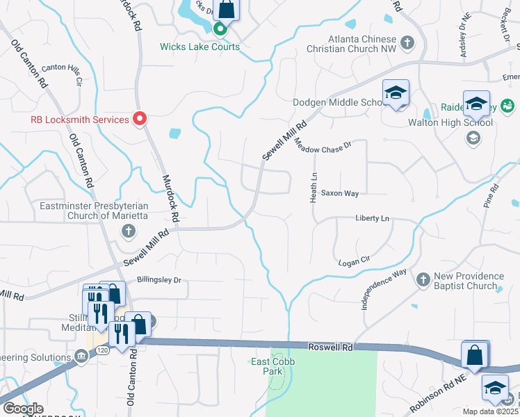 map of restaurants, bars, coffee shops, grocery stores, and more near 1440 Churchill Way in Marietta