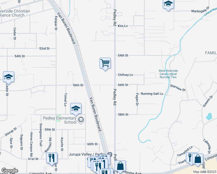 map of restaurants, bars, coffee shops, grocery stores, and more near 8844 56th Street in Riverside