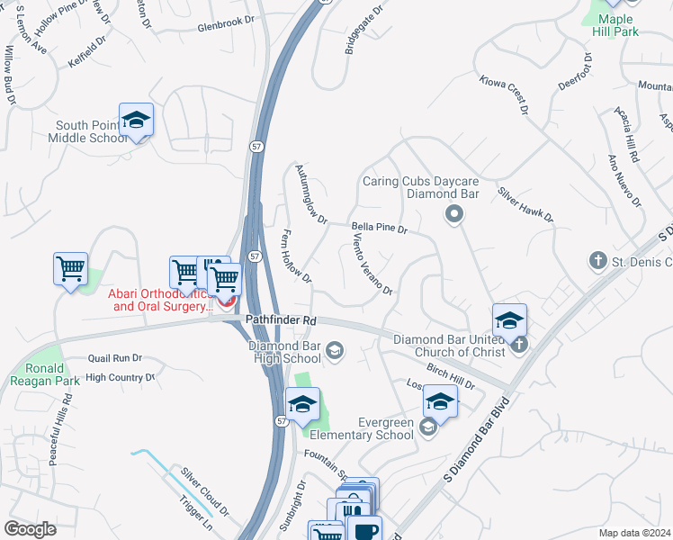 map of restaurants, bars, coffee shops, grocery stores, and more near 1951 White Star Drive in Diamond Bar