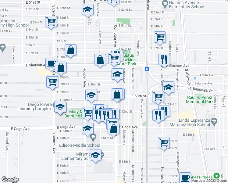 map of restaurants, bars, coffee shops, grocery stores, and more near 5923 Compton Avenue in Los Angeles