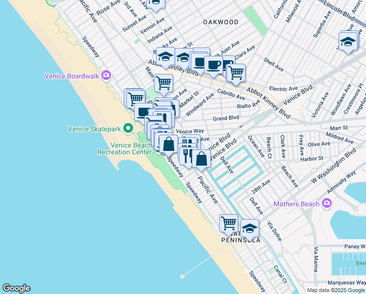 map of restaurants, bars, coffee shops, grocery stores, and more near 1900 Pacific Avenue in Los Angeles