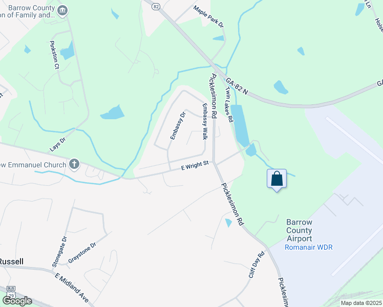 map of restaurants, bars, coffee shops, grocery stores, and more near 530 Embassy Walk in Winder