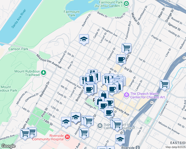 map of restaurants, bars, coffee shops, grocery stores, and more near 3640 Brockton Avenue in Riverside