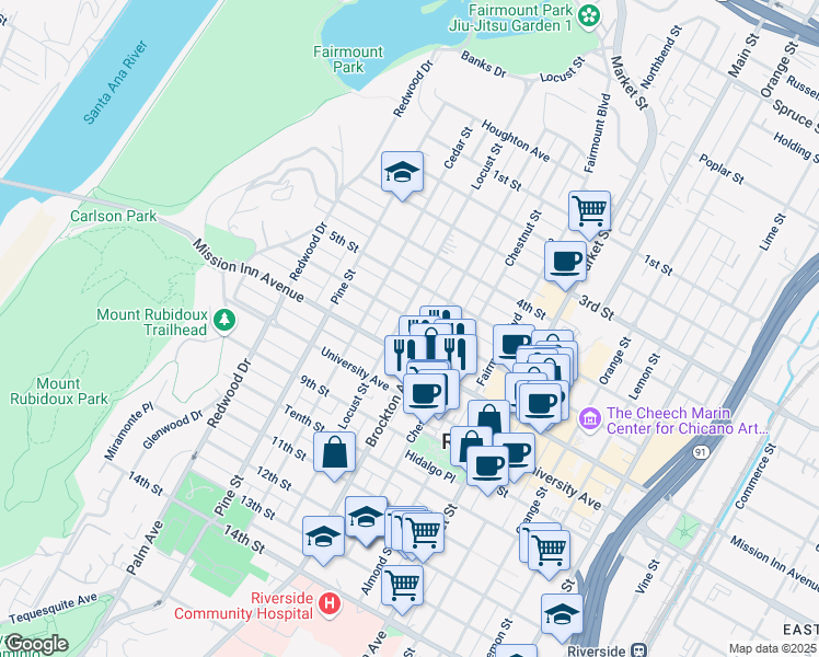 map of restaurants, bars, coffee shops, grocery stores, and more near 4178 Mission Inn Avenue in Riverside