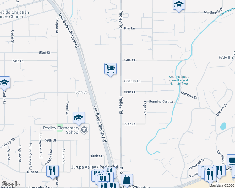 map of restaurants, bars, coffee shops, grocery stores, and more near 5665 Pedley Road in Riverside