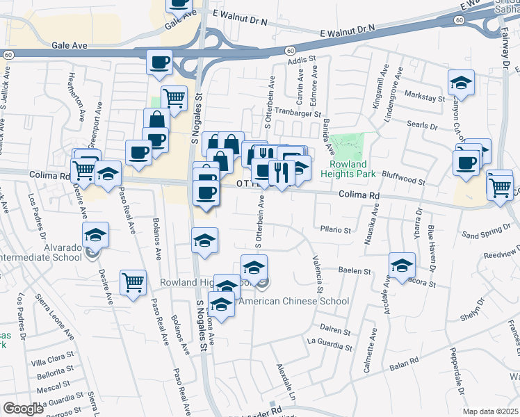 map of restaurants, bars, coffee shops, grocery stores, and more near 1802 Valencia Street in Rowland Heights