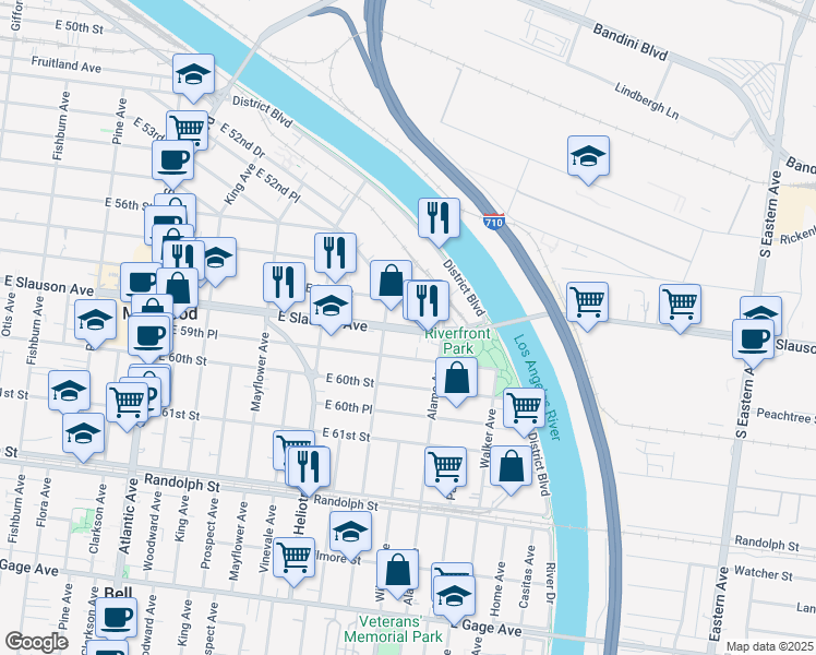 map of restaurants, bars, coffee shops, grocery stores, and more near 4917 East 59th Place in Maywood