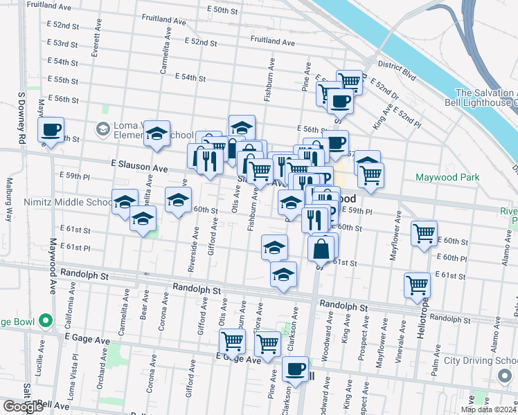 map of restaurants, bars, coffee shops, grocery stores, and more near 4326 East 60th Street in Huntington Park
