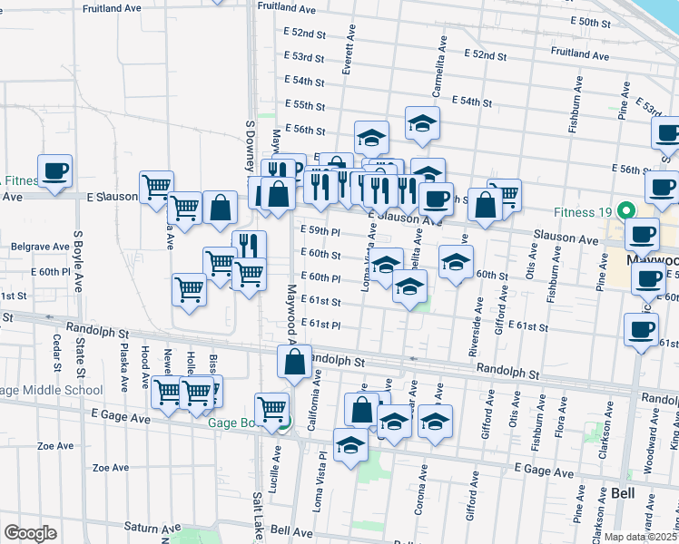 map of restaurants, bars, coffee shops, grocery stores, and more near 3628 East 60th Place in Huntington Park
