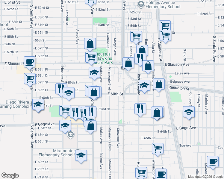 map of restaurants, bars, coffee shops, grocery stores, and more near 6000 Miramonte Boulevard in Los Angeles