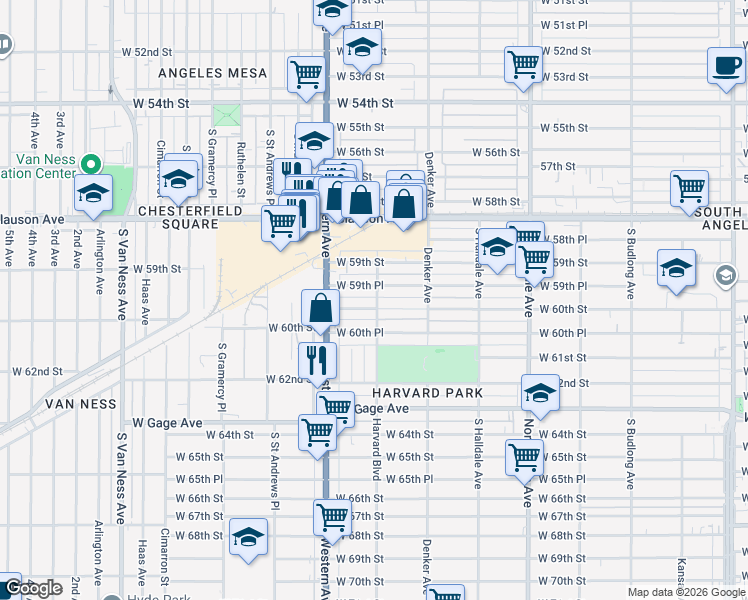 map of restaurants, bars, coffee shops, grocery stores, and more near 6008 Harvard Boulevard in Los Angeles