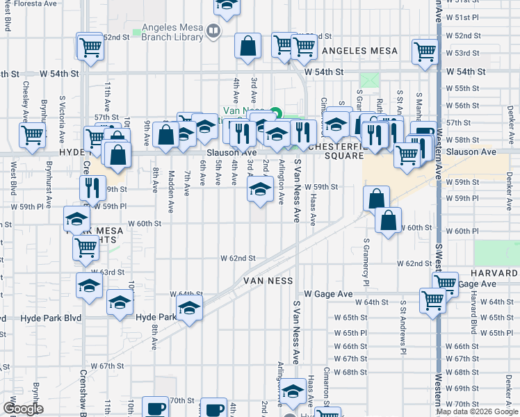 map of restaurants, bars, coffee shops, grocery stores, and more near 6001 2nd Avenue in Los Angeles