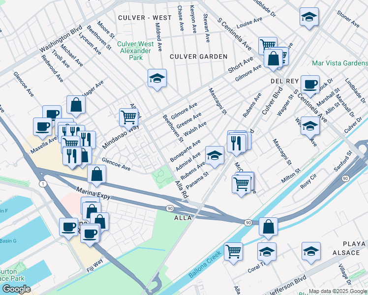 map of restaurants, bars, coffee shops, grocery stores, and more near 12917 Admiral Avenue in Los Angeles