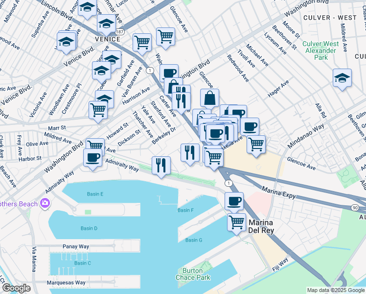 map of restaurants, bars, coffee shops, grocery stores, and more near 1042 Princeton Drive in Marina del Rey