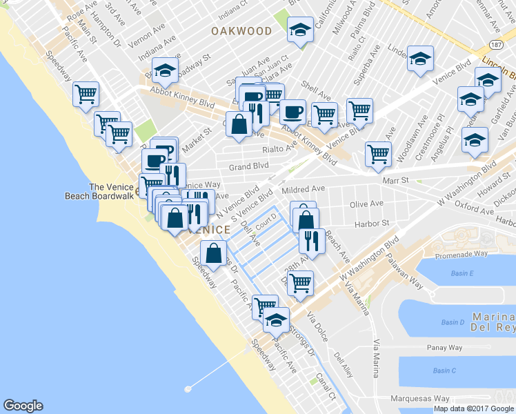 map of restaurants, bars, coffee shops, grocery stores, and more near in Los Angeles