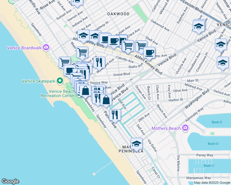 map of restaurants, bars, coffee shops, grocery stores, and more near 216 North Venice Boulevard in Los Angeles