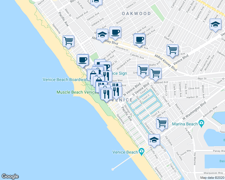 map of restaurants, bars, coffee shops, grocery stores, and more near 20 19th Avenue in Los Angeles