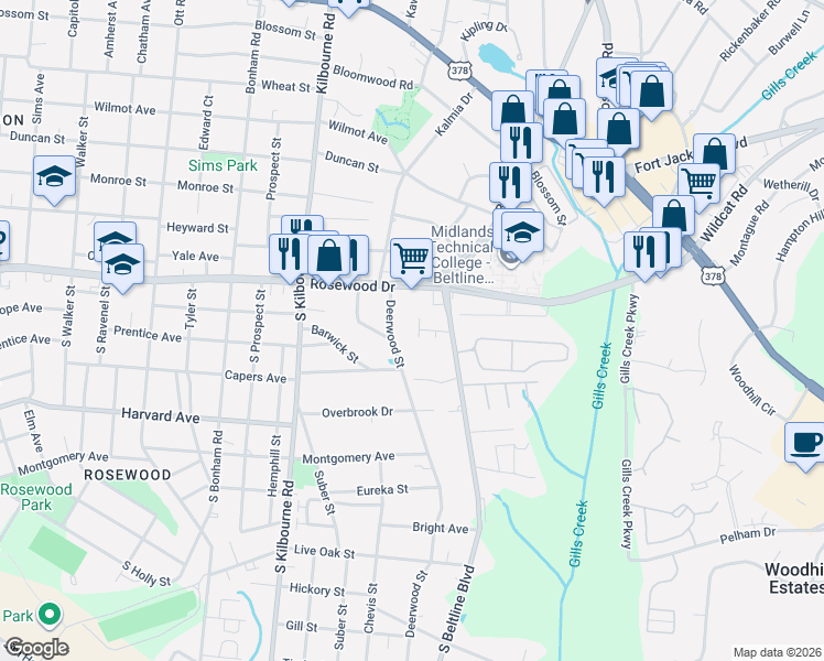 map of restaurants, bars, coffee shops, grocery stores, and more near 400 Deerwood Street in Columbia