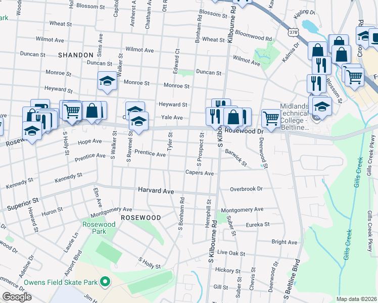 map of restaurants, bars, coffee shops, grocery stores, and more near 403 South Prospect Street in Columbia