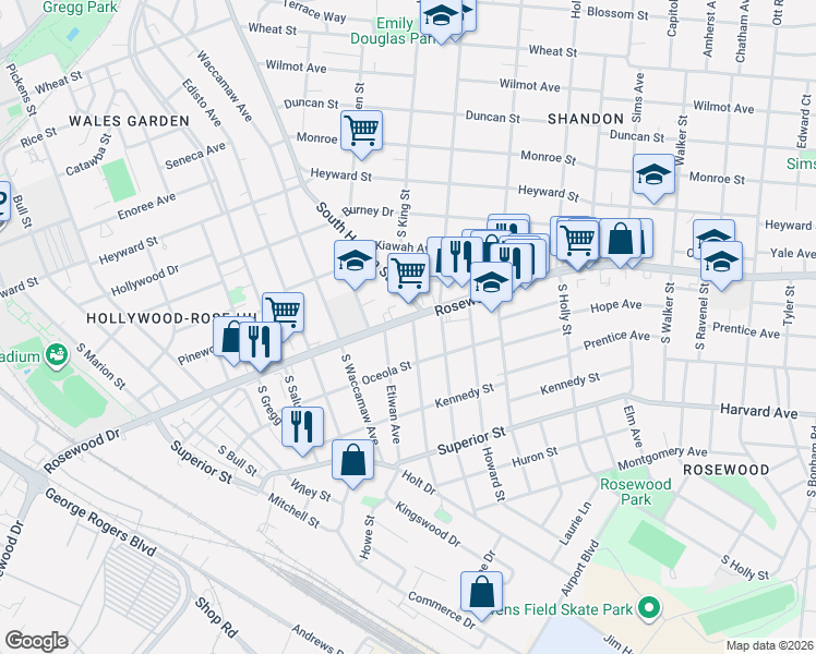 map of restaurants, bars, coffee shops, grocery stores, and more near 416 Graymont Avenue in Columbia