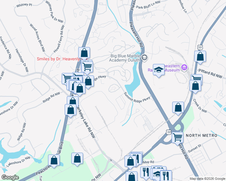 map of restaurants, bars, coffee shops, grocery stores, and more near 3830 Thayer Trace in Duluth