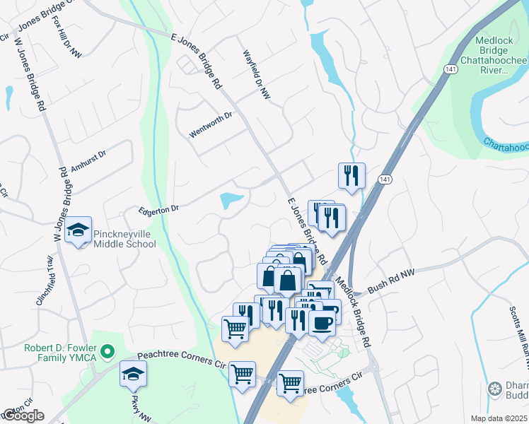 map of restaurants, bars, coffee shops, grocery stores, and more near 4015 Kings Paddock Court Northwest in Norcross