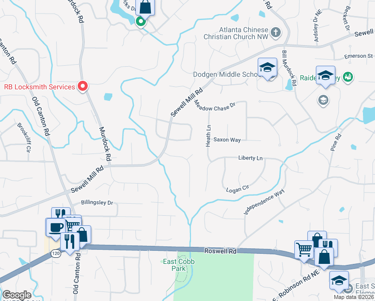 map of restaurants, bars, coffee shops, grocery stores, and more near 3445 Whirlaway Court in Marietta