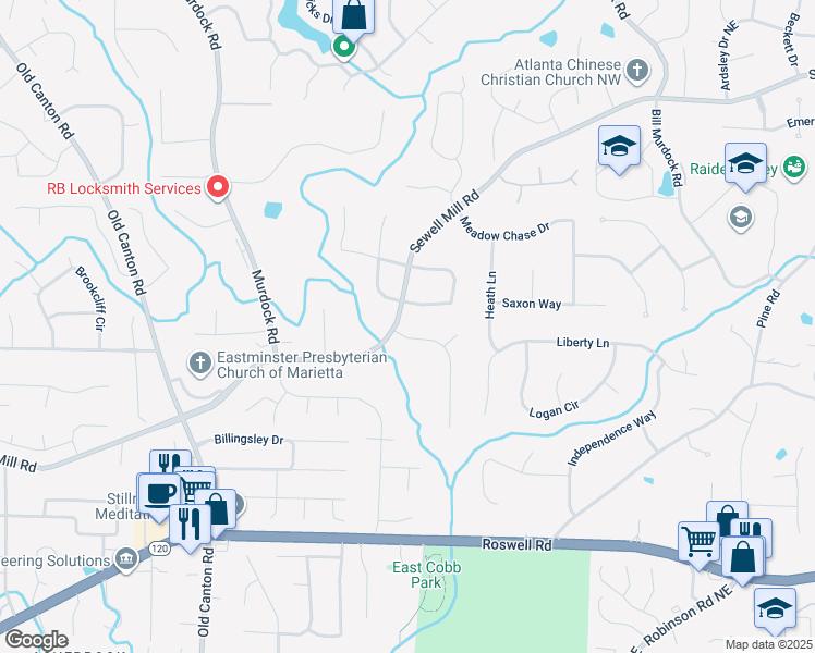 map of restaurants, bars, coffee shops, grocery stores, and more near 1440 Churchill Way in Marietta