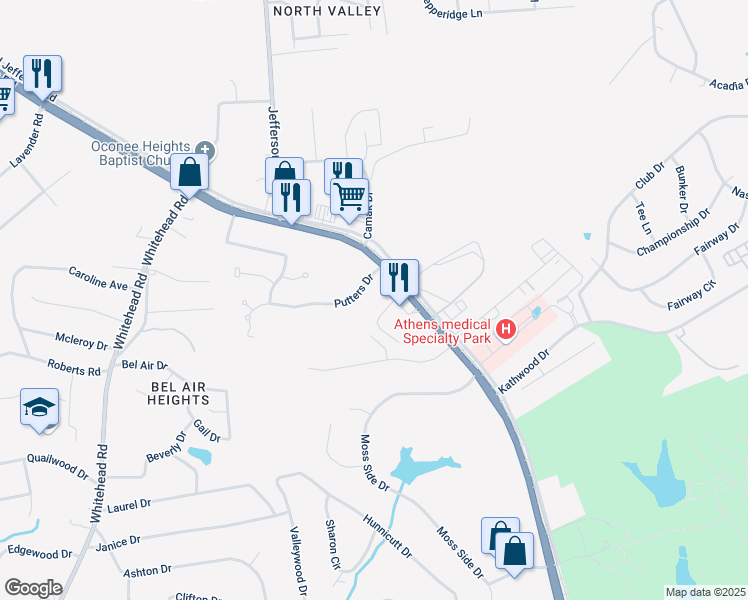 map of restaurants, bars, coffee shops, grocery stores, and more near 3575 Jefferson Road in Athens