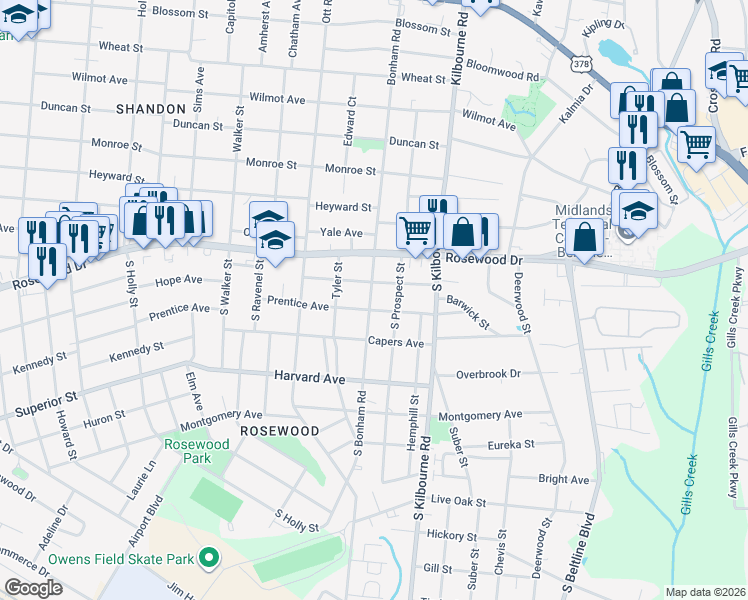 map of restaurants, bars, coffee shops, grocery stores, and more near 403 South Prospect Street in Columbia